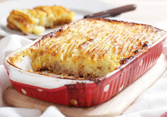 Cottage pie in the red stoneware baker