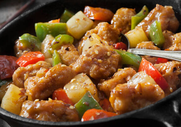 Sweet and Sour Pork with Steamed Rice and Dumplings