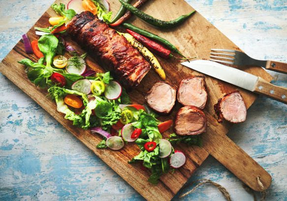 Roasted Pork Filet with Bacon and Green Salad