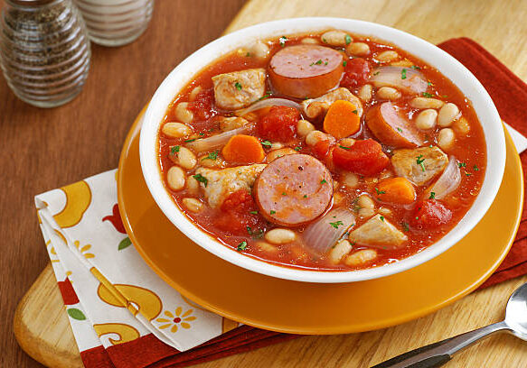 Homestyle Cassoulet soup with great northern beans and kielbasa sausage.