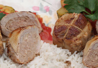 Roasted veal paupiettes served with ratatouille and boiled basmati rice